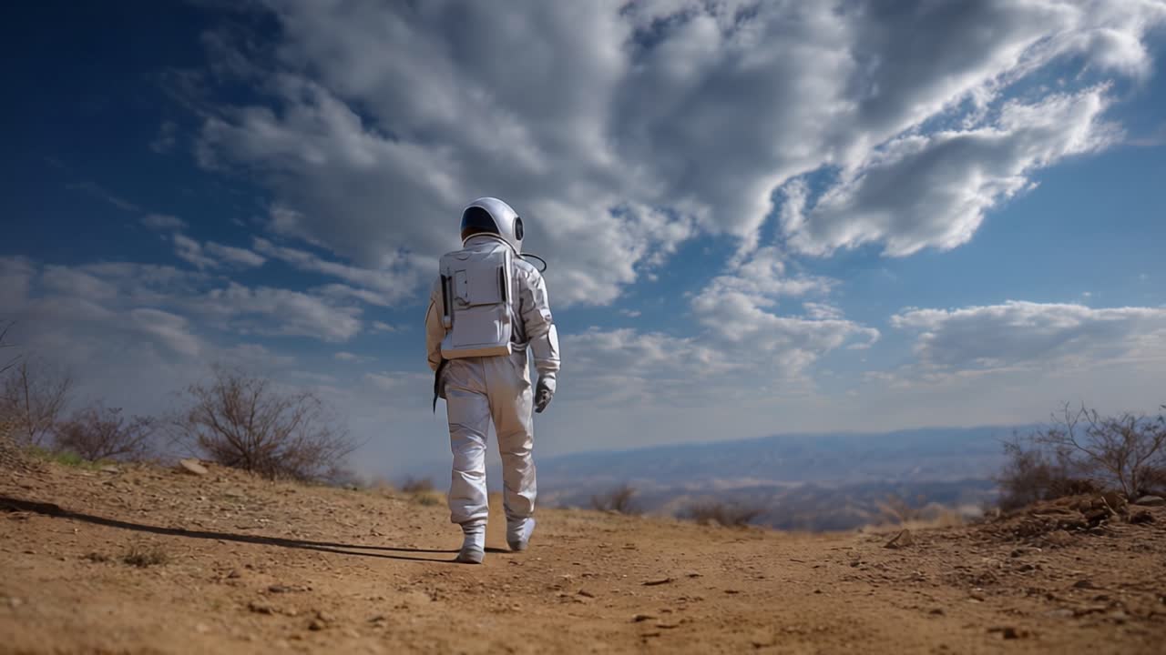 Astronauta idący samotnie przez malowniczy pustynny krajobraz pod dramatycznym niebem pełnym chmur, symbolizujący eksplorację i odkrycia poza Ziemią.