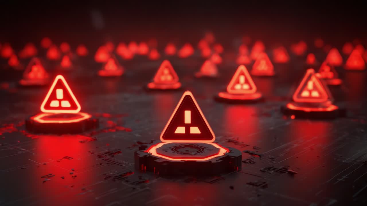 Illuminated Warning Signals in a Dark Cybernetic Environment: A Visual Exploration of High Alert Indicators in a Technological Landscape