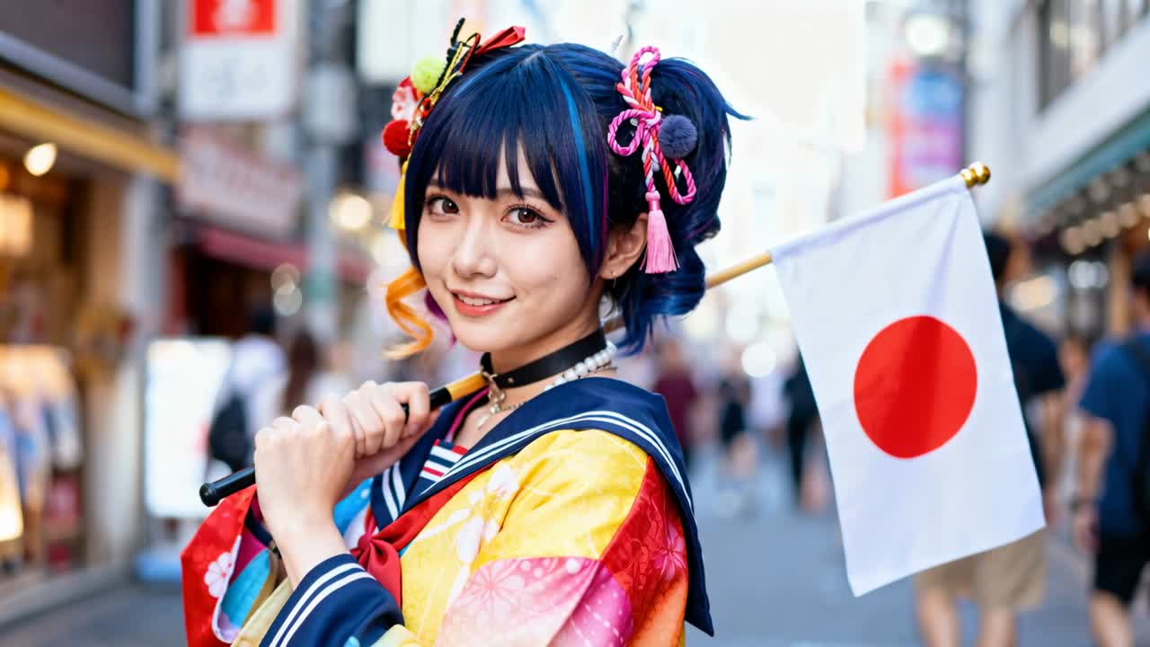 Modella sorridente che reagisce alla chiamata della fotocamera, tiene in mano la bandiera giapponese e mostra il kimono in una via dello shopping