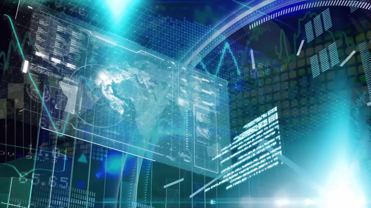 Digital interface with data processing against world map on blue background
