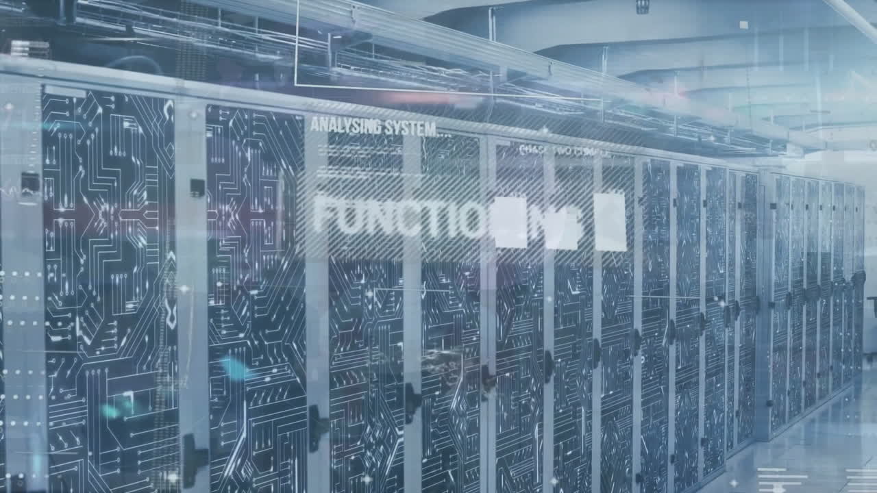 Animation of data processing and diagrams over server room