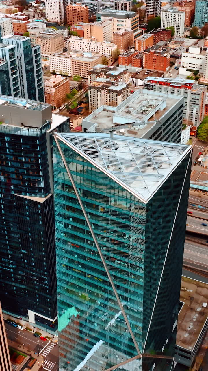 American buildings landmark. Business skyscrapers Seattle city aerial view. Vertical video