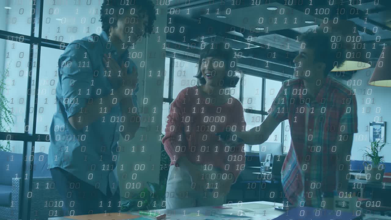 Animation of binary coding, financial data processing over business people working in office
