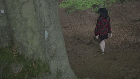 a lonely anonym girl walking through a forrest carrying a book