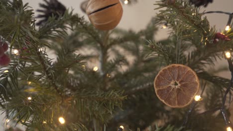 close view of real pine christmas tree with beautiful decoration including lights and dessicated fruits