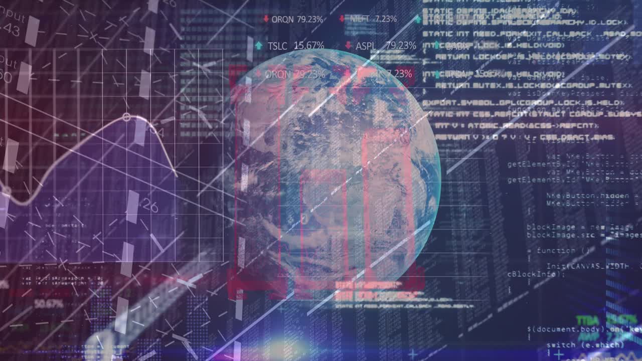 Animation of globe and financial data processing over black background