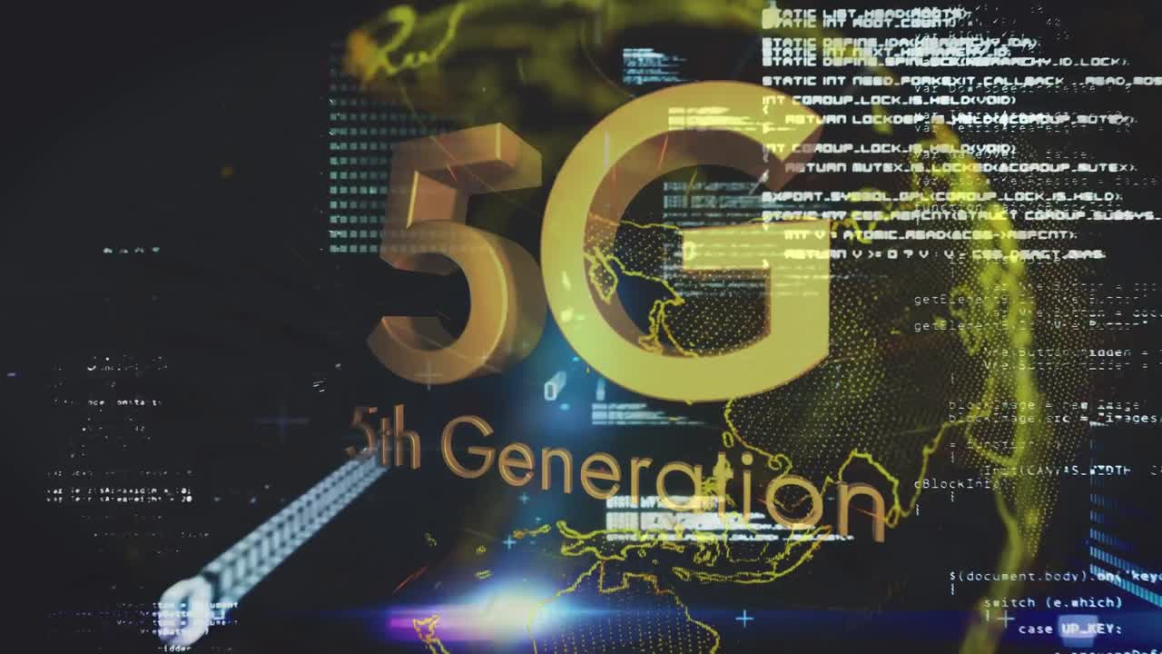 animación de 5g 5a generación de texto y procesamiento de datos en todo el mundo en segundo plano