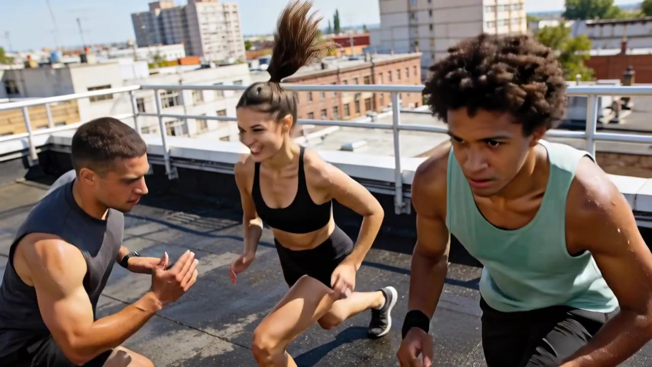 Después de agacharse, un trío en ropa deportiva comienza a correr y a moverse lateralmente sobre la barandilla del tejado, entrenando.