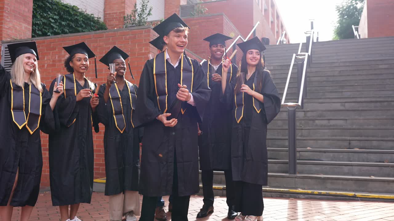 Laureati felici e diversi che celebrano il successo nel campus universitario