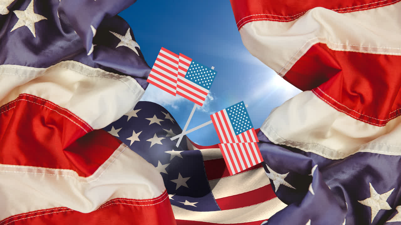 Animation of american flags over american flag and clouds