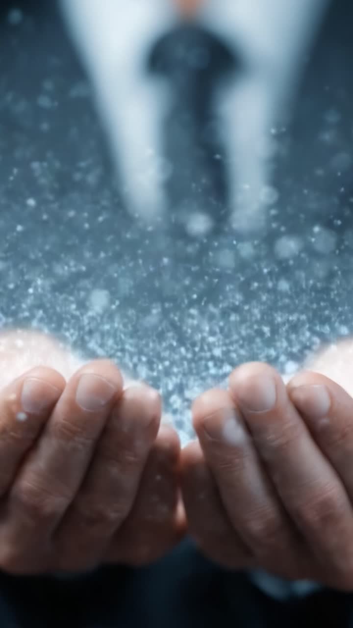 Un uomo d'affari che tiene in mano particelle magiche che simboleggiano l'innovazione e la trasformazione nel mondo degli affari moderno