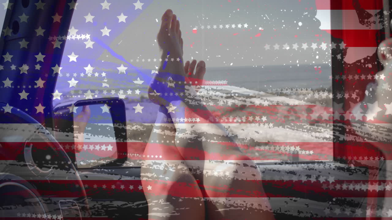 Animation of flag of usa over caucasian woman sitting in car