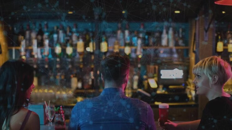 Animazione di una rete di connessioni su amici diversi in un bar.