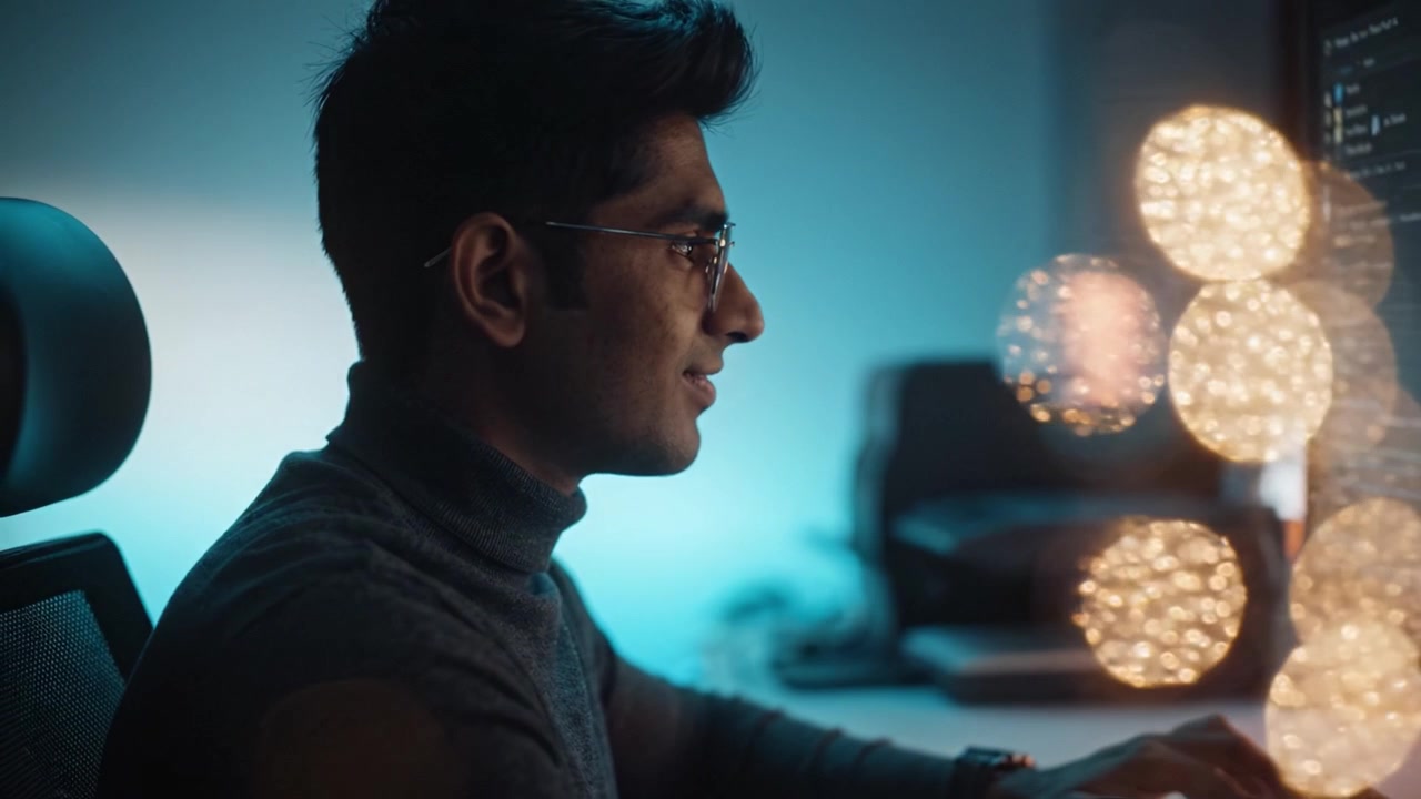 Focused Individual Working at a Desk with Computer and Soft Blue Lighting, Engaged in Task, Exhibiting Concentration and Productivity in a Modern Environment