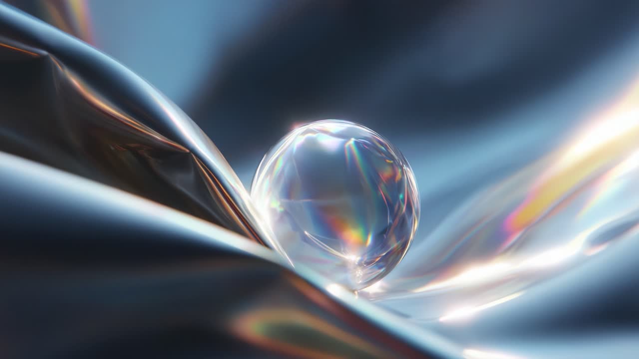 A mesmerizing close-up view of a translucent bubble resting on a smooth, reflective surface, showcasing shimmering light reflections and soft gradients for an ethereal impression of delicate beauty