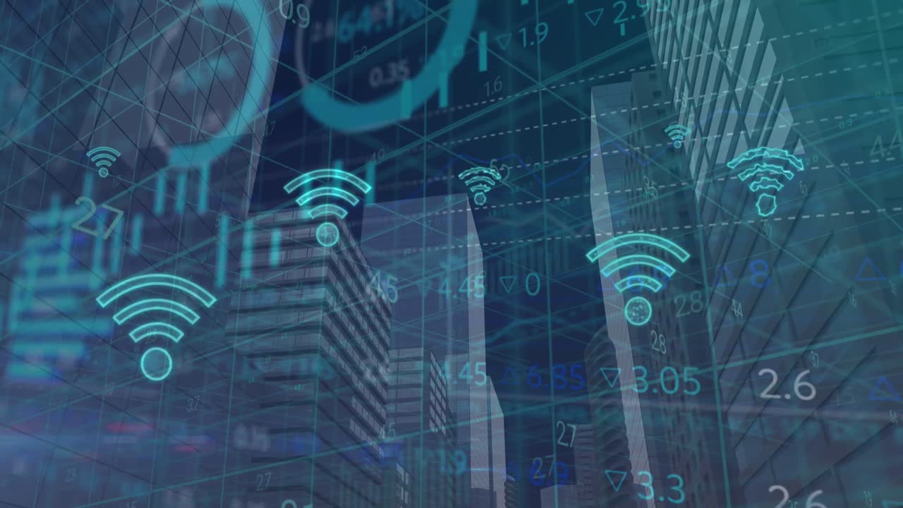animación de iconos wifi y procesamiento de datos financieros sobre el paisaje urbano