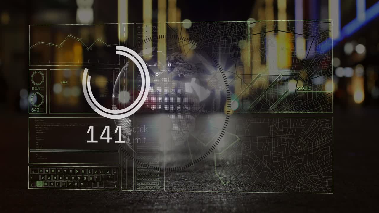 도시에서 도로 교통에 대한 지구의 애니메이션과 데이터 처리