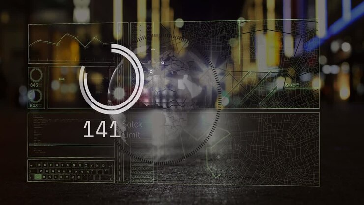 Animation of globe and data processing over road traffic in city