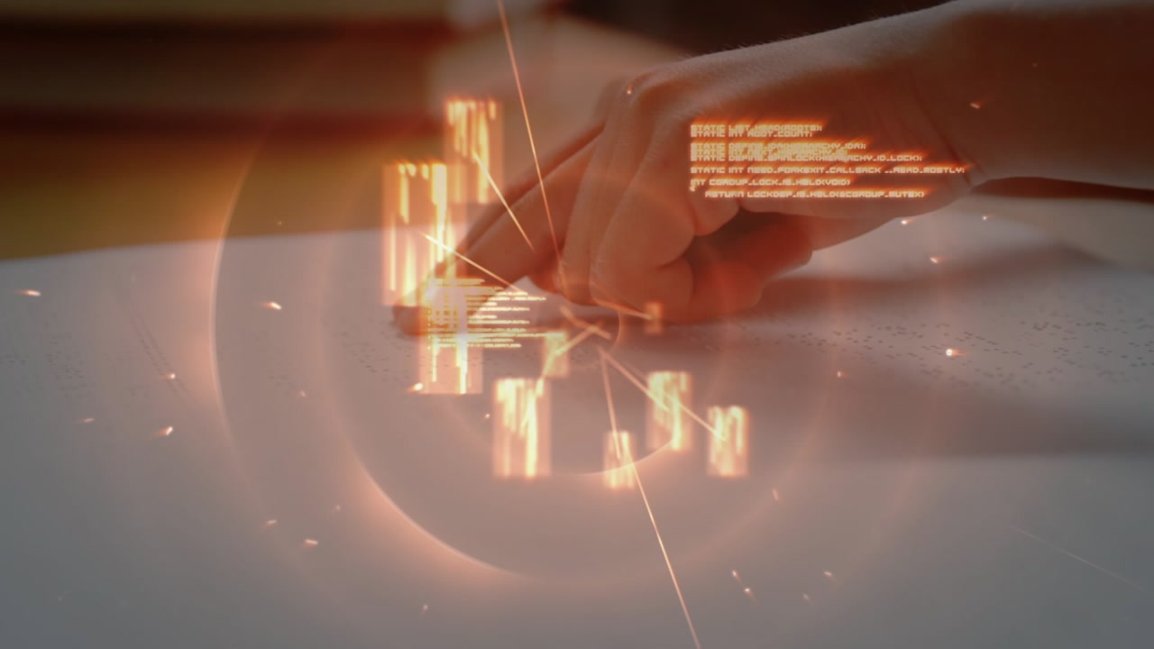 Alphabets floating and spinning against close up of a hand reading a book in braille
