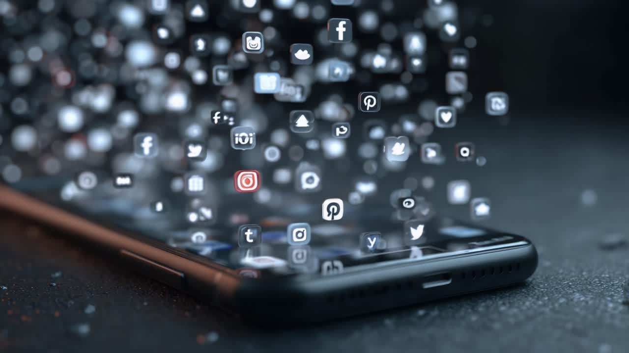 L'interazione dinamica delle icone dei social media che emanano da uno smartphone, che illustra l'influenza e la connettività della comunicazione digitale nella vita moderna