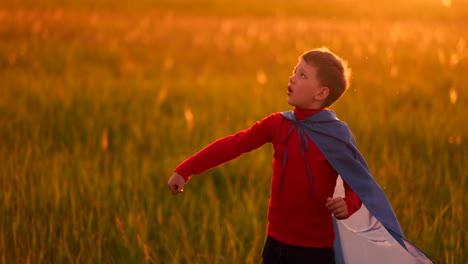 boy in runs in a red raincoat holding a plane laughing at sunset in the summer field imagining that he is an airplane pilot playing with a model airplane