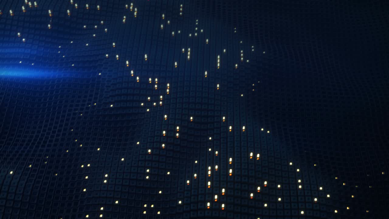 Cubi blu e colonne gialle luminose, animazione in loop continuo, rendering 3D.