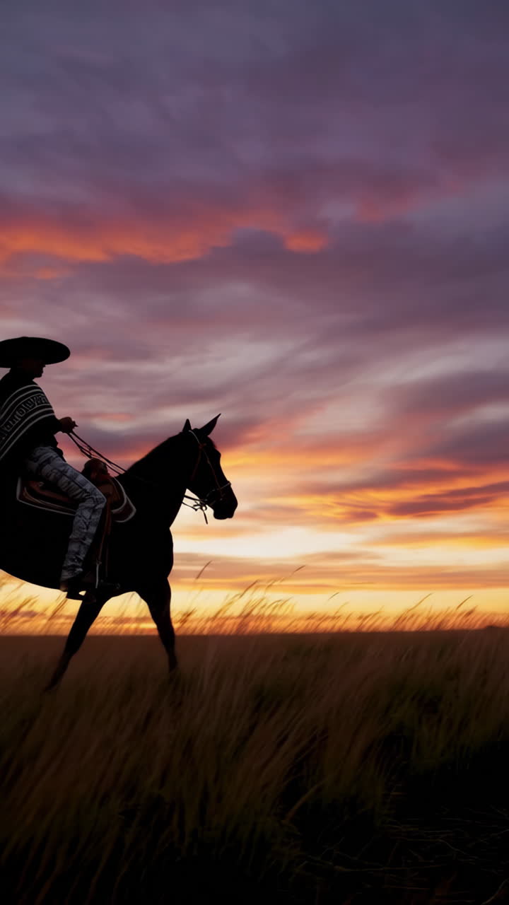 Cowboy riding a horse at sunset