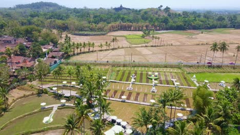 vista aérea de la atracción turística con el tema de los campos de arroz "svargabumi" en el área del templo de borobudur