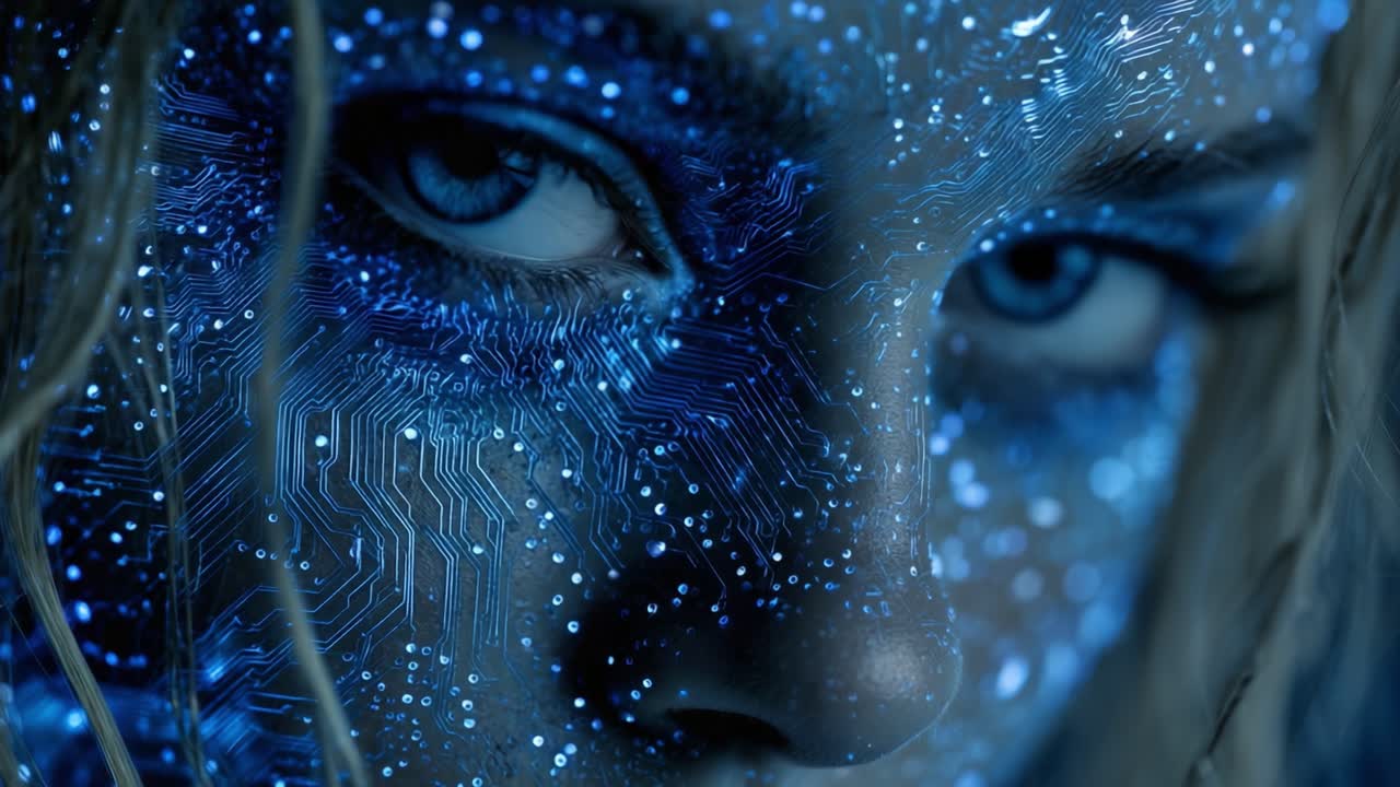 A mesmerizing close-up of a female face adorned with intricate blue circuit patterns and shimmering droplets, blending technology and beauty in a striking visual representation
