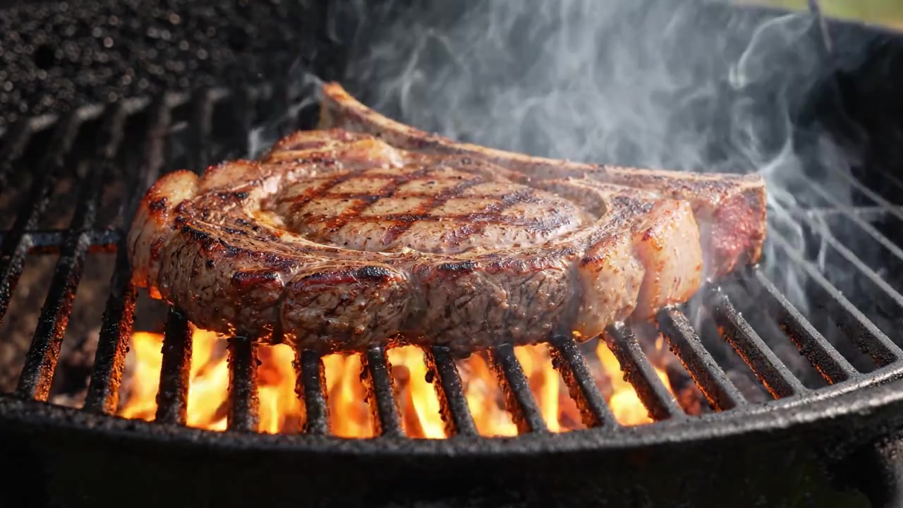 Sizzling Perfection: A Juicy Tomahawk Steak Grilling to Succulent Perfection with Grilled Marks and Flames Emanating from a Hot Charcoal Barbecue.