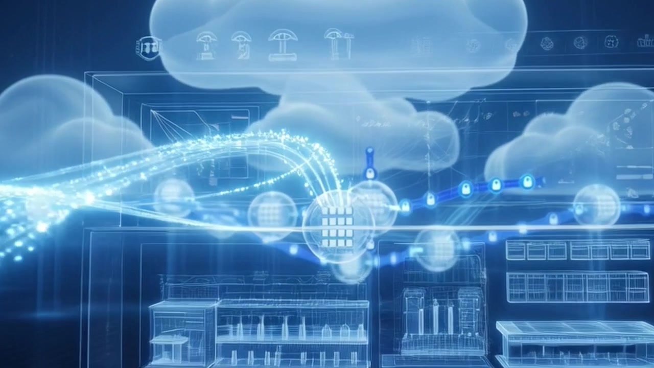 Digital Cloud Computing Network with Data Transfer and Security Icons