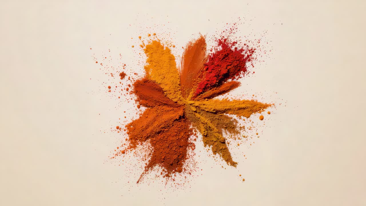 Zooming camera revealing centered radial piles of warm spices on studio table, highlighting texture