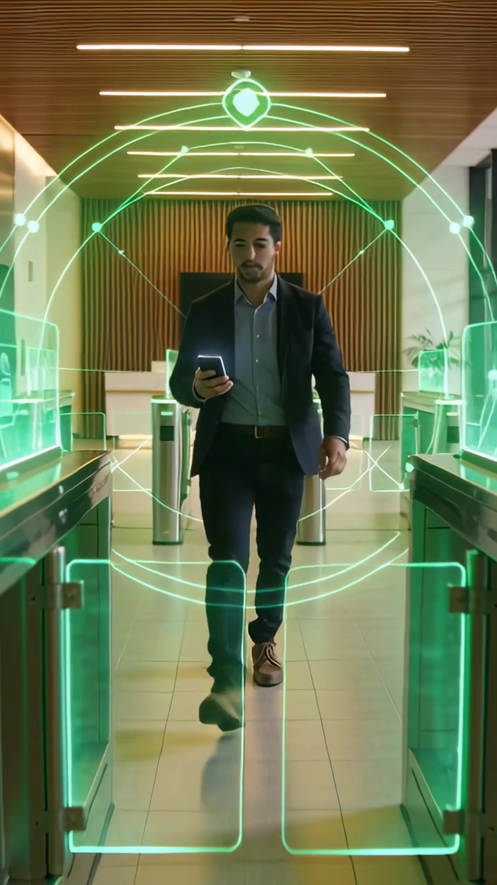 Vertical video: Walking man in suit holding phone heading gate in lobby to enter, overlay starting