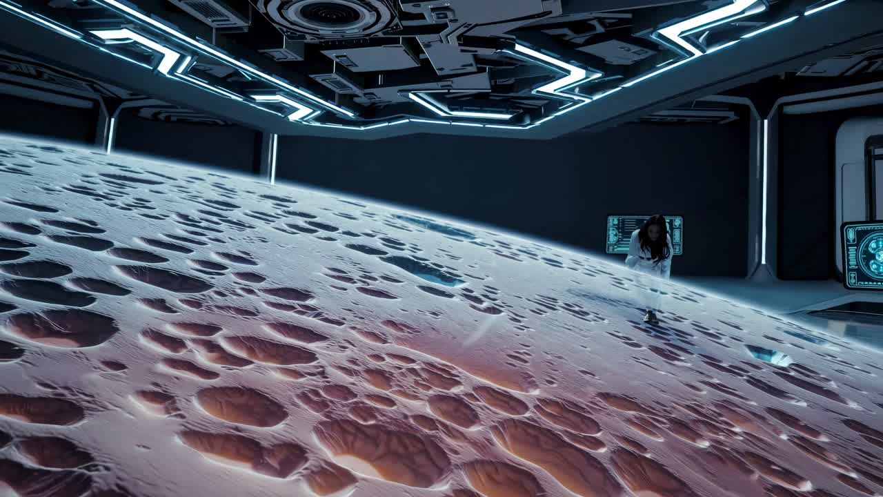 Scientists Observing a Simulated Moon Surface in a Futuristic Laboratory