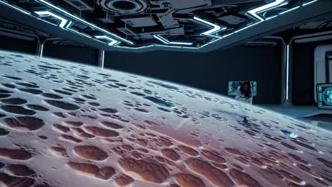 scientists observing a simulated moon surface in a futuristic laboratory