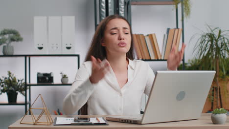 business woman working on laptop loses becoming surprised sudden lottery results bad news fortune