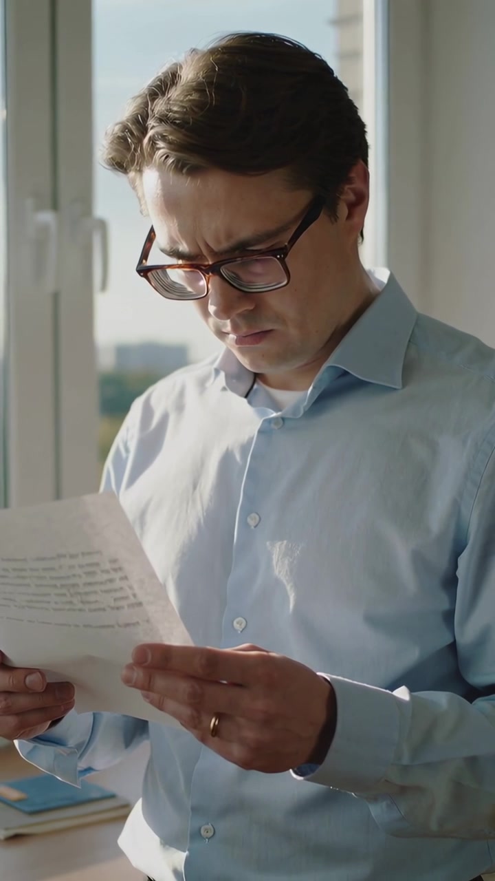 Vídeo vertical: Homem de camisa azul pegando papel, verificando uma página na janela, com óculos e anel.