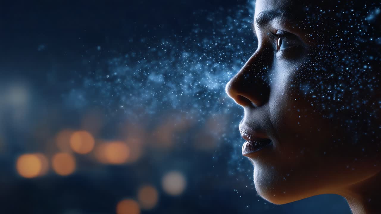 A contemplative moment captured in two frames showcasing a profile view of a woman's face with a mystical, ethereal dust effect creating a dream-like atmosphere