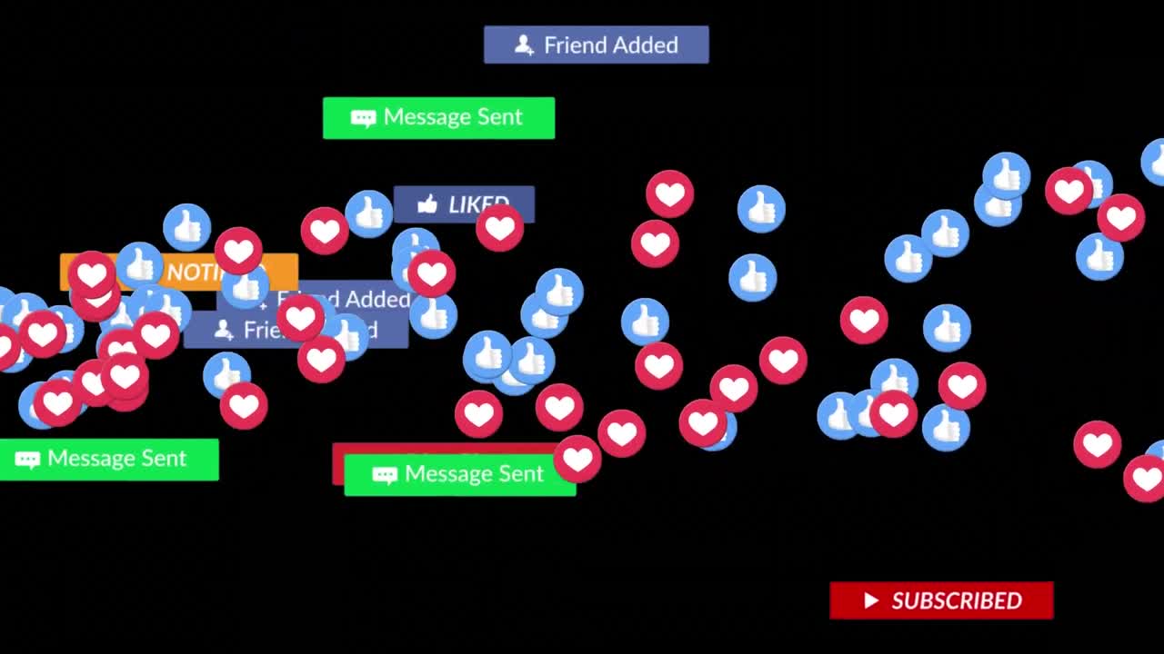검은 바탕 위에 떨어지는 소셜 미디어 아이콘과 이모티콘의 애니메이션