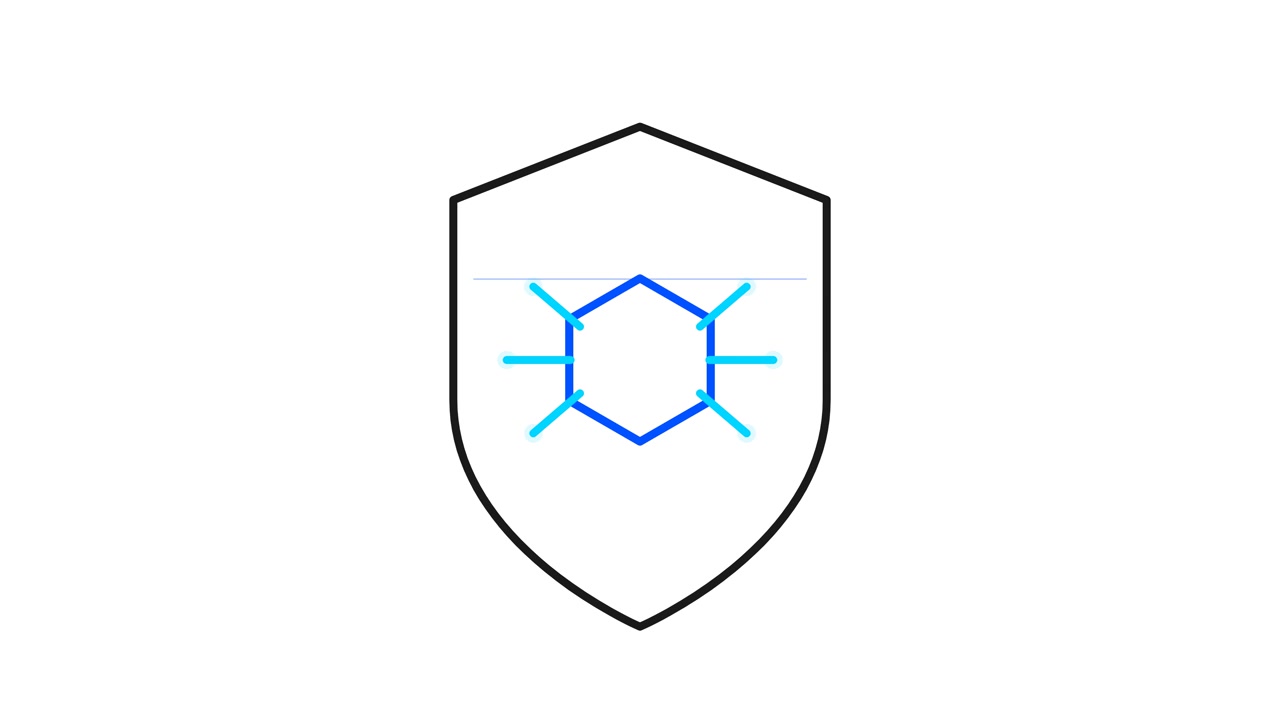 Icono de escudo animado con estructura de nodos de red digital
