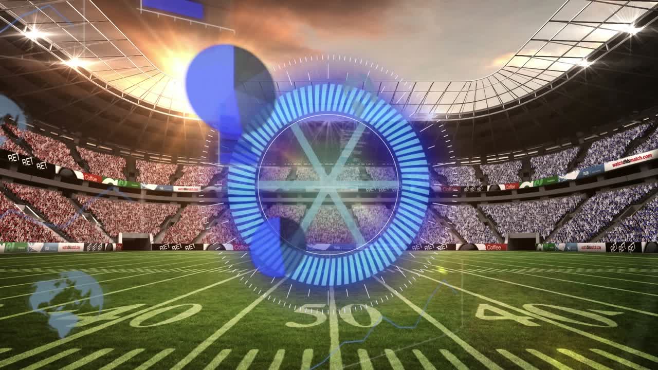 Animação de escopo e processamento de dados sobre estádio esportivo