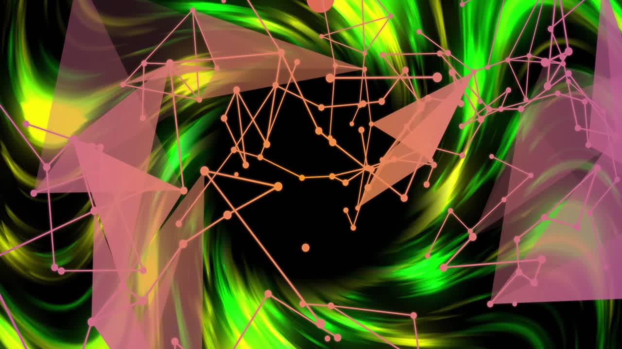 All'inizio, una rete rosa-arancio pulsa e ruota mentre un vortice verde si intensifica, visualizzando una rete.
