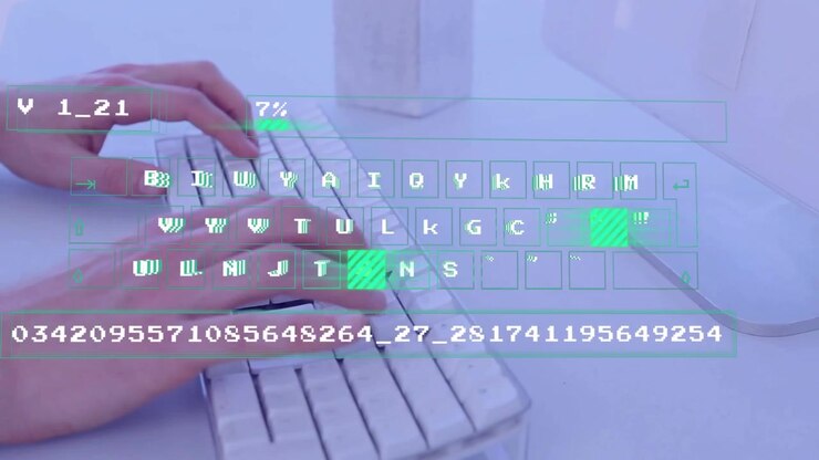 First key tap starting green HUD, typist hands typing, keys lit, progress filling for data logging