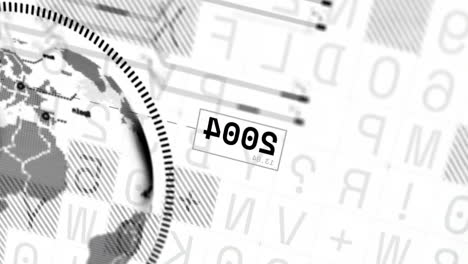 rotating globe and numbers animation over abstract background with letters and lines