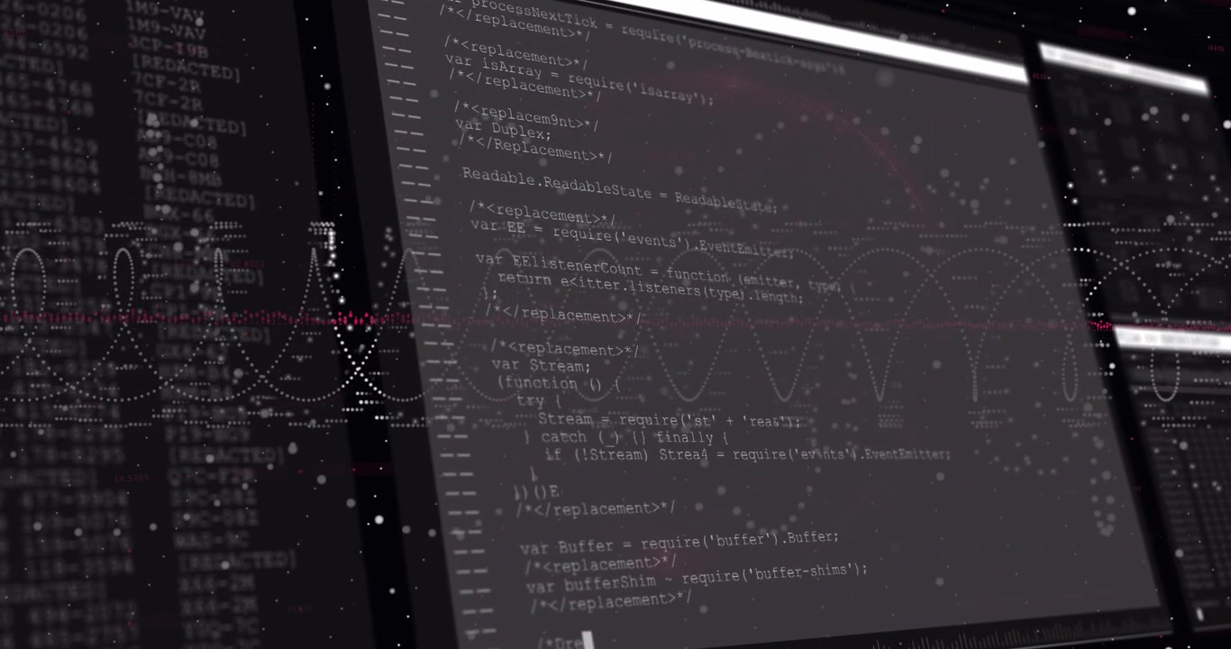 Animation af digitale grænsefladeskærme med programmeringssprog over spiralmønstre.