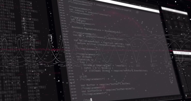 Animation of digital interface screens with programming language over spiral patterns