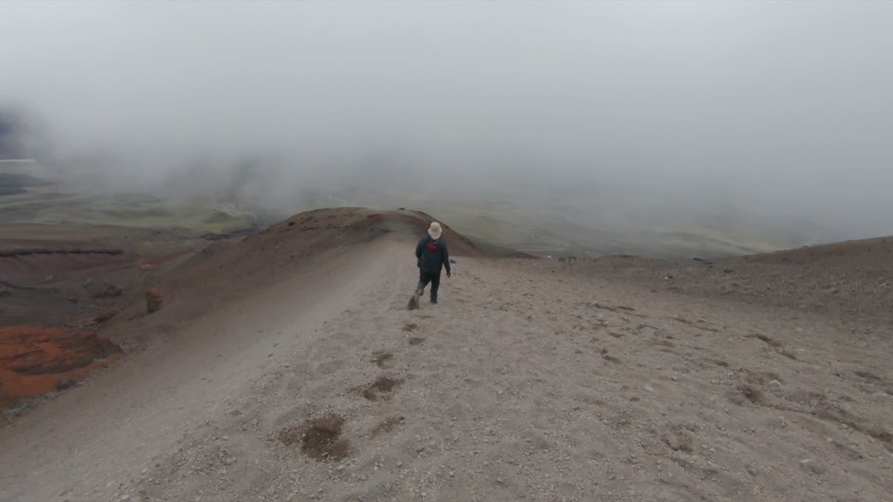 Cotopaxi mountain volcano national park descend hike trek low visibility alpine Ecuador
