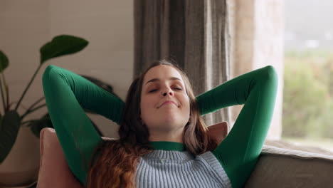 relax, peace and young woman in the living room