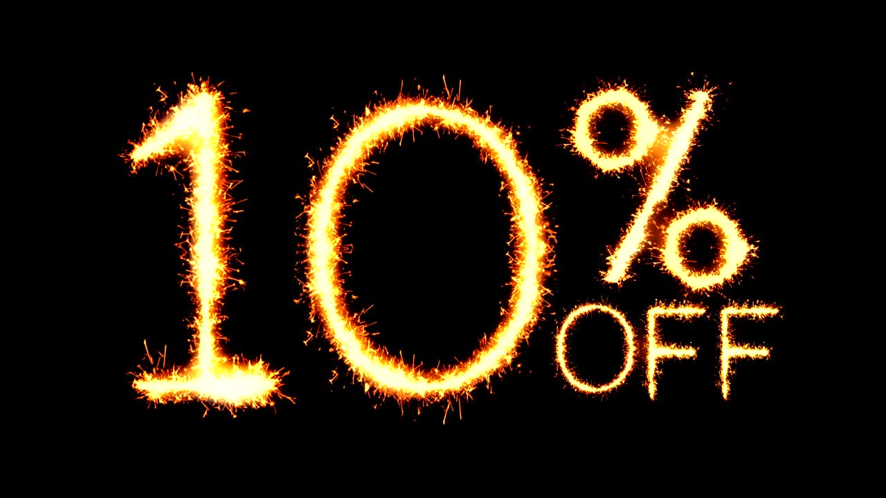 10% de descuento en texto, brillo, chispas, animación de bucle de fuegos artificiales