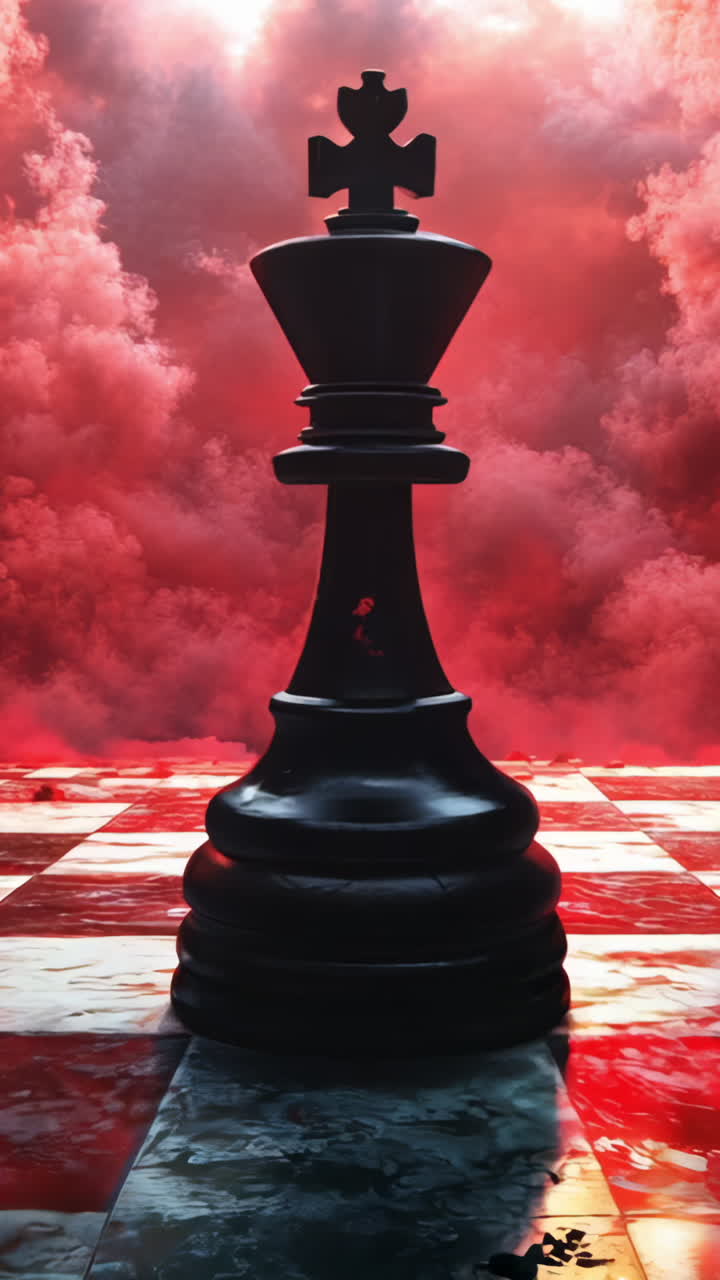 A chess board with a king and other pieces. The king is surrounded by smoke and the board is red